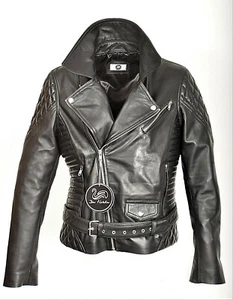 Women's GENUINE LEATHER Belt and Cool Quilting Leather Biker Jacket - Picture 1 of 12