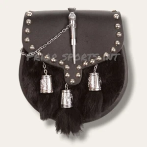 Borsa kilt semi abito Sporran pelle marrone pelliccia borchiata spilla e catena scozzese - Foto 1 di 2