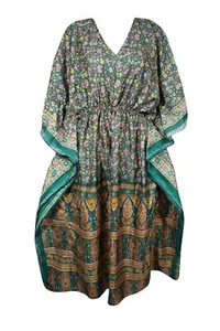 Woman's Boho Summer Kaftan Green Floral Silk Caftan Beach Coverup Dress, L-2X - Picture 1 of 3