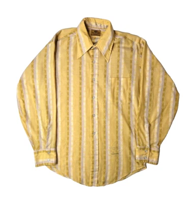Van Heusen Vintage 60s 70s Vanopress 417 Gold Geometric Button Shirt Mens Medium - Image 1 of 4