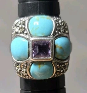 Marcasita amatista turquesa vintage plata de ley talla 5,5 - Imagen 1 de 9