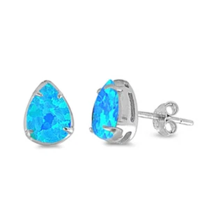 Teardrop Earrings Blue Simulated Opal .925 Sterling Silver - Picture 1 of 2