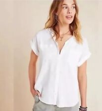 Cloth & Stone Anthropologie Breezy Button Up Short Sleeve Shirt White Sz Medium