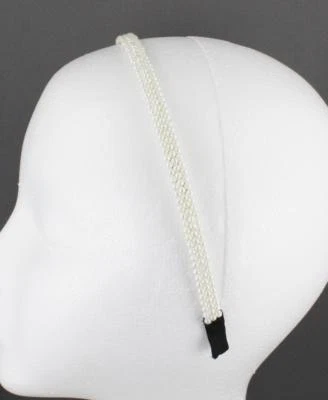 White faux pearl headband seed bead skinny narrow 5/16" wide beaded hair band - Image 1 of 4
