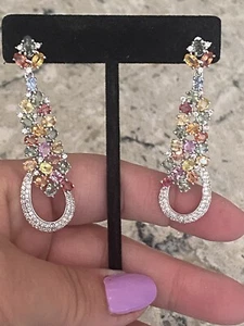 Sterling Silver 10.80ctw Multi Sapphire & 1.85ctw White Zircon Drop Earrings - Picture 1 of 19