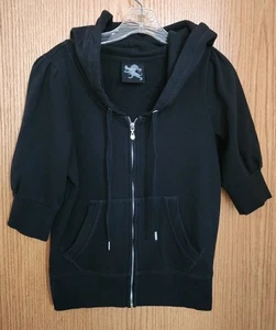 Express Women's Hoodie Size Med Black Short Sleeve Zip Up Sequin Lion Drawstring - Picture 1 of 11
