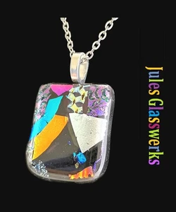 Hand Crafted Dichroic Fused Glass Pendant Necklace W/ Chain #1388 - Picture 1 of 4