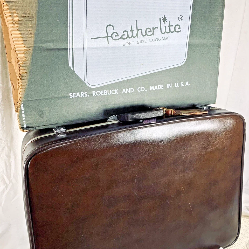 Feather Lite Suitcase Brown Vinyl Soft Side Luggage 26x17x7 Travel Vintage Used - Image 1 of 4