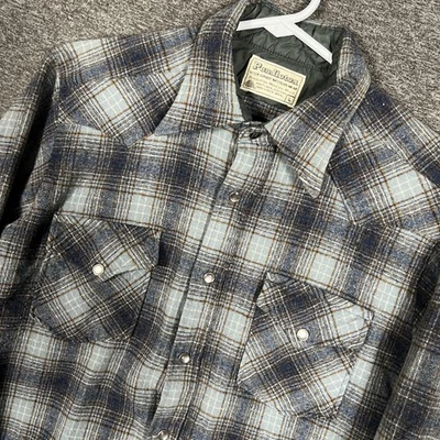 Vintage Pendleton Shirt Womens Large Blue Gray Plaid Wool Western Pearl Snap 70s - Image 1 of 4