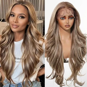 HD Lace Front Wig Human Hair Blend Highlights  Straight Honey BROWN Blonde - Picture 1 of 5