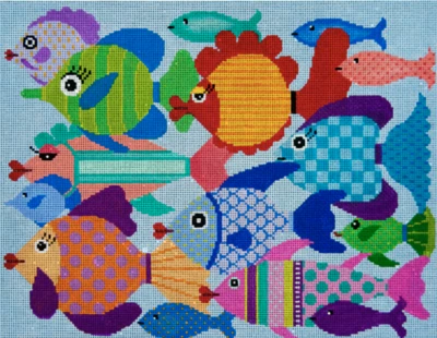 Needlepoint Handpainted JP Needlepoint School of Fish 14x11 - Image 1 of 4
