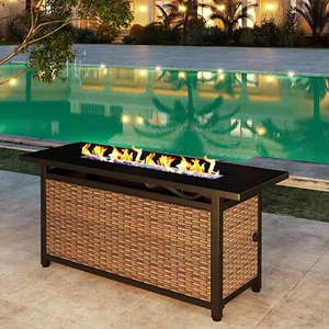 Outdoor Patio Propane 50000 BTU Rattan Gas Fire Pit Table with Lid & Fire Glas - Picture 1 of 7