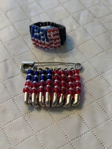 Vintage Bead And Safety Pin American Flag And Bead American Flag Ring Set - Picture 1 of 6