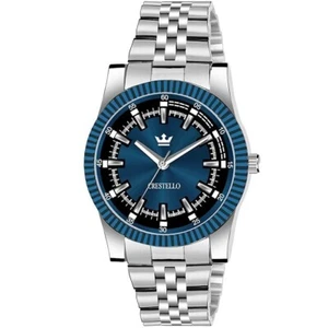 Reloj de pulsera analógico de cadena de acero inoxidable CRESTELLO para hombre (azul/negro/plateado) - Imagen 1 de 5