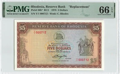 RHODESIA $5 Dollars 1978, P-36b* REPLACEMENT Y/1 000712, PMG 66 EPQ Gem UNC. - Image 1 of 2