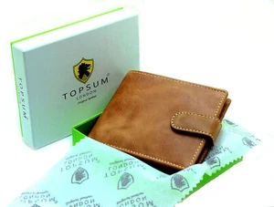 Topsum London Men RFID Blocking Bifold Distressed Tan Leather Coin Pocket Wallet - Picture 1 of 8