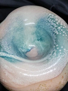 Tony Evans CA Raku Pottery Pastel " World "  Vessel Seed Pot Large BOWL 13x9x6 - Picture 1 of 12