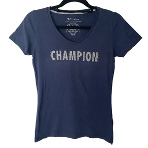 Champion V-Ausschnitt Silber Logo Kurzarm Marine T-Shirt Tee Damen Größe Small S - Bild 1 von 6