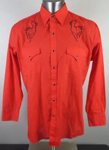 Mens PLAINS Pearl Snap Long Sleeve Button Front Shirt Size L Embroidered Horses - Picture 1 of 10