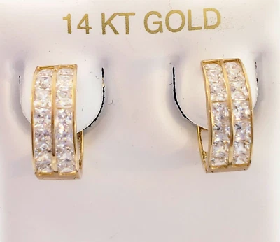 Brilliant 14kt. gold hoop earrings, Channel-set cubic zirconia, snapback closure - Image 1 of 2