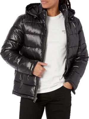 $225 GUESS Men's Mid-Weight Puffer Jacket with Removable Hood, Black, XL - Image 1 of 2