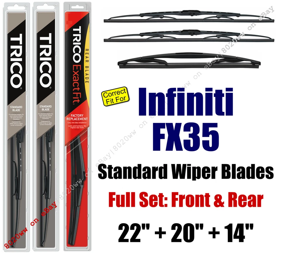 Wiper Blades 3pk Front Rear Standard fit 2003-2008 Infiniti FX35 - 30221/200/14B - Image 1 of 1