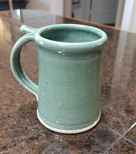 Ishler Signed Art Pottery Mug Coffee Tea Seafoam Celadon Blue Green Thumb Rest