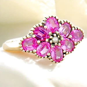 VICTORIAN STYLE PINK LAB-CREATED SAPPHIRE & PEARL FLOWER DESIGN  RING   #261 - Picture 1 of 3
