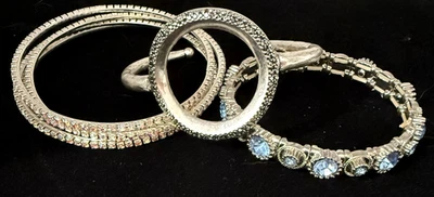 Lot of 6 Sparkly Silver Tone AB Rhinestone Marcasite Bangle Bracelets ~ Lucky - Image 1 of 4