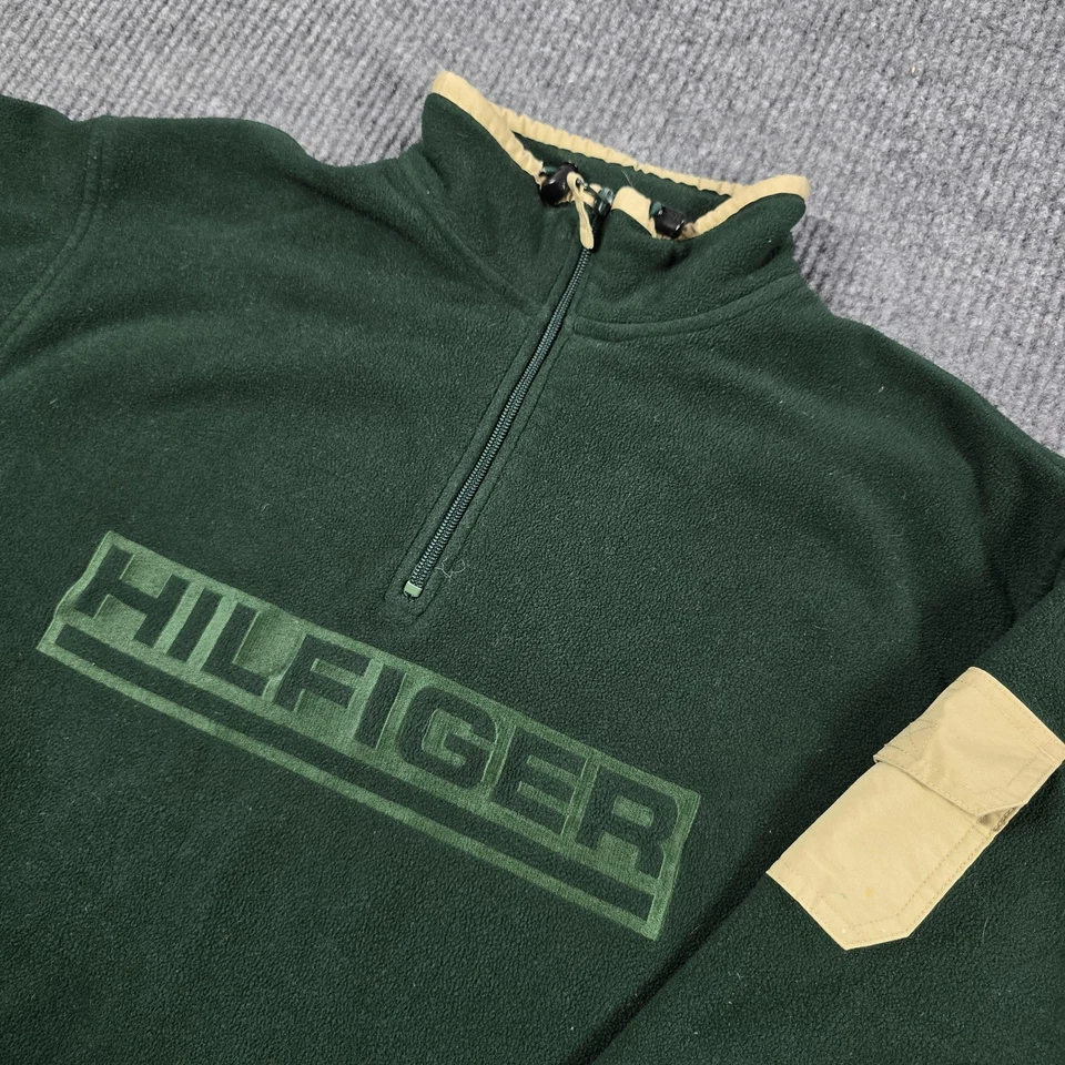 Pulôver masculino vintage Tommy Hilfiger grande verde lã quarto de zíper ao ar livre anos 90 - Imagem 1 de 4