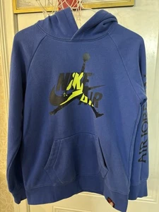 Boys Large Nike Air Jordan Blue & Bright Green Yellow Hoodie Sweatshirt - Picture 1 of 5