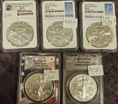 Lote de 5 monedas de águila de plata. Ms70 2012,2015,2016,2019,2020 años. Foto 1 de 4