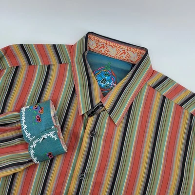 Robert Graham Men's XXL Flip Cuff Shirt Floral Striped Cotton Silk Trim - Image 1 of 4