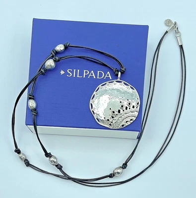Silpada Sterling Prince and the Pauper Round Pendant Leather Cord Necklace N3111 - Image 1 of 4
