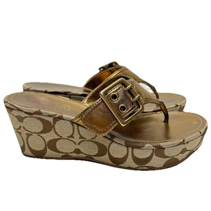 COACH Sherri Platform Wedge Monogram Sandals Brown Gold Buckles Size 7M Y2K - Picture 1 of 12