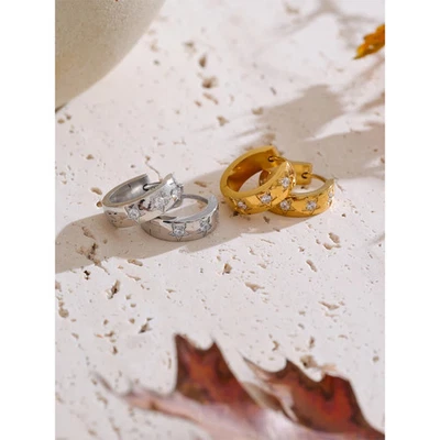 Stainless Steel Zircon Star Hoop Earrings Women Round Earring Daily Jewelry - Image 1 of 4