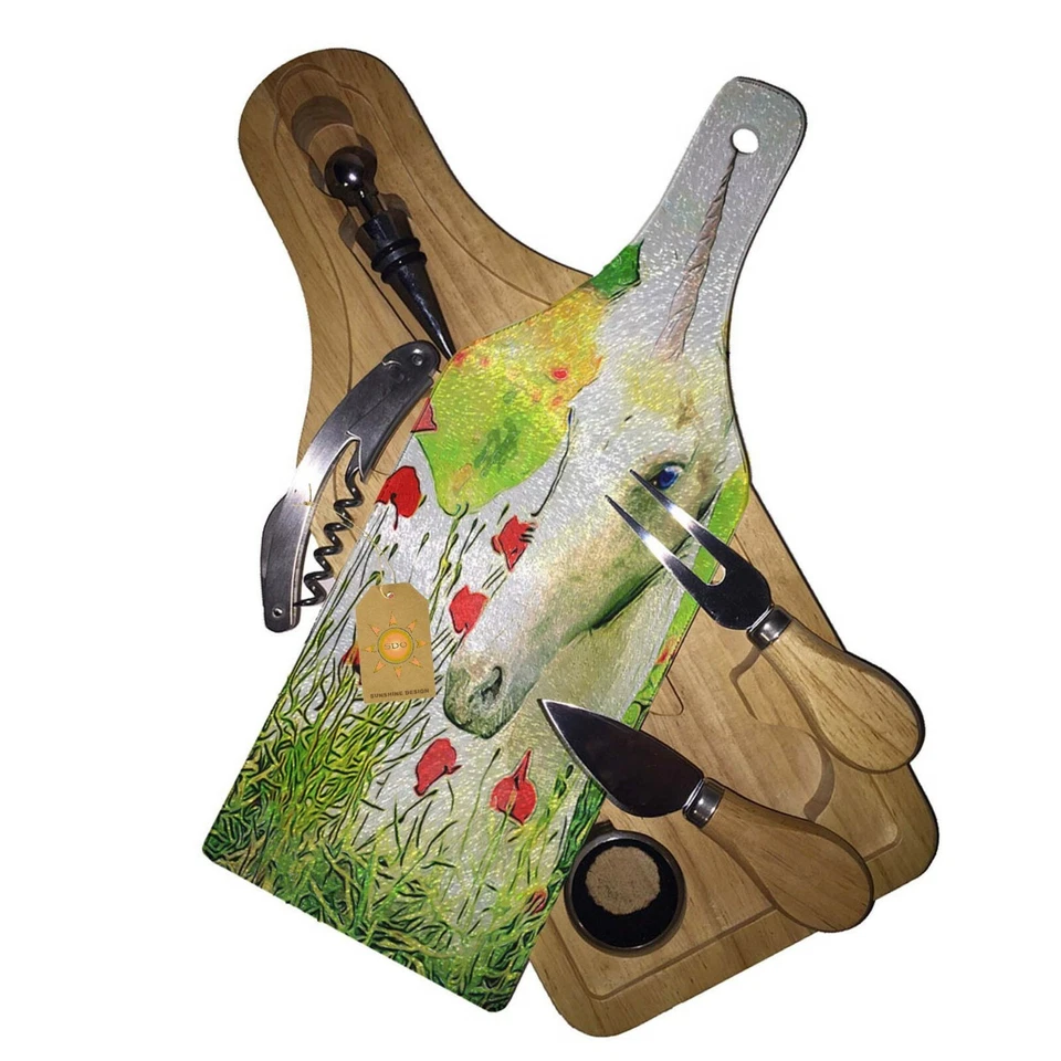 Wine & Cheese Glass Cutting Board Gift Set - Blue Eye Unicorn Red Roses - Image 1 of 1