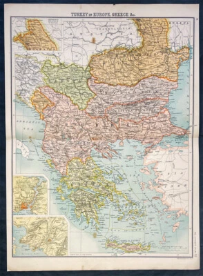 Mapa antiguo grande de Juan Bartolomé de 1890 del sudeste de Europa Hungría a Grecia Foto 1 de 2