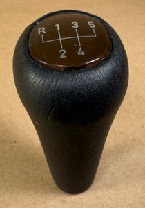 Vintage 5-Speed Black Leather Shift Knob Grip BMW Brown Face - Push On - Picture 1 of 9