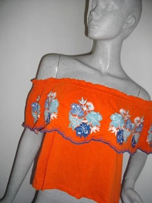 NEW + TAGS * PRIMARK * ORANGE EMBROIDERED BARDOT OFF SHOULDER CROPPED TOP SIZ 14 - Image 1 of 4