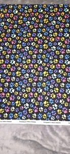 Black With Multicolor Pawprints Cotton Flannel Fabric 1 Yard 42" - Picture 1 of 5