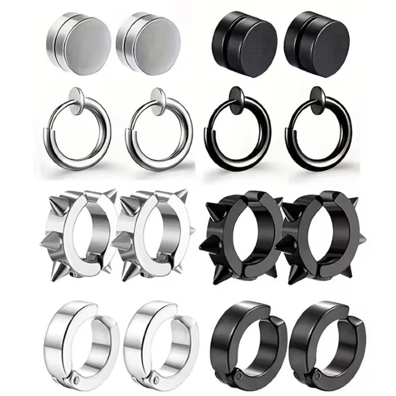 PAAR FAKE OHRRINGE NON PIERCING SCHWARZ SILBER PUNK EDELSTAHL EARRING CLIP ON - Bild 1 von 1