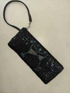 Liz Claiborne Beaded Martini Glasses Club Party Wristlet  Iridescent Black Zips - Picture 1 of 4