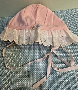 Vintage Baby Bonnet PINK WITH EYELET TRIM SATIN PINK RIBBON WITH ADORNMENT - Picture 1 of 8