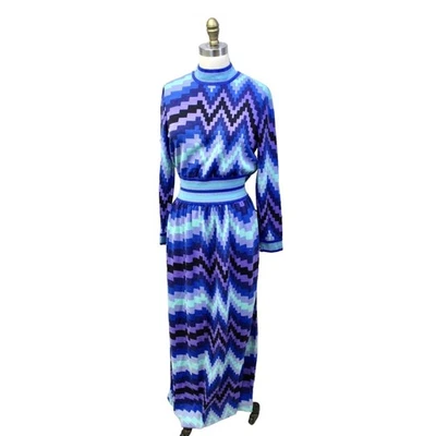 Винтажный 1970-х Золотой червь Италии вязаный макси платье синий геометрический принт богемное диско 14 - Изображение 1 из 4