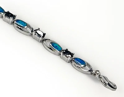 Pulsera Tenis 7 1/2" Amatista e Incrustación de Ópalo de Fuego Azul Eslabón Plata de Ley 925 Foto 1 de 4