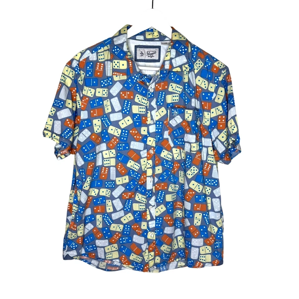 Camisa abotonada manga corta con estampado de dominó azul y naranja original Penguin para hombre Foto 1 de 4