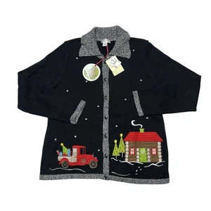 Christopher & Banks Sweater Womens Large Holiday Christmas Cardigan Truck House - Picture 1 of 8