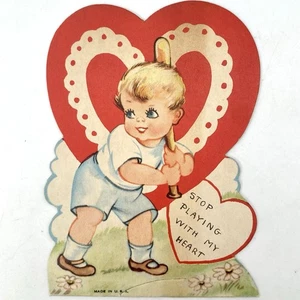 Lindo niño jugando béisbol vintage tarjeta de San Valentín deja de jugar con mi corazón latido - Imagen 1 de 3
