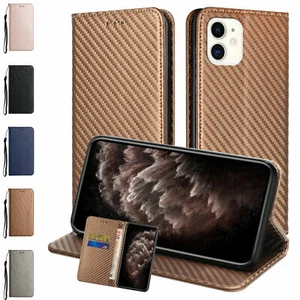 Carbon Fiber Pattern Wallet Phone Case For iPhone 11 12 13 Pro Max XR XS 7 8 SE - Picture 1 of 55